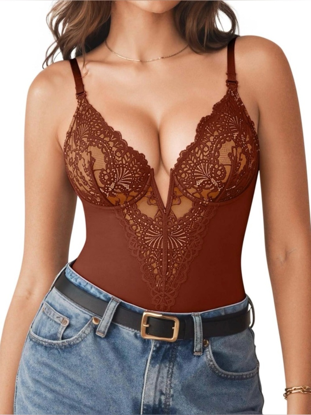 Popilush Shapewear Lace Deep V-Neck Sculpting Thong Bodysuit 3XL in Brown - Picture 3 of 9